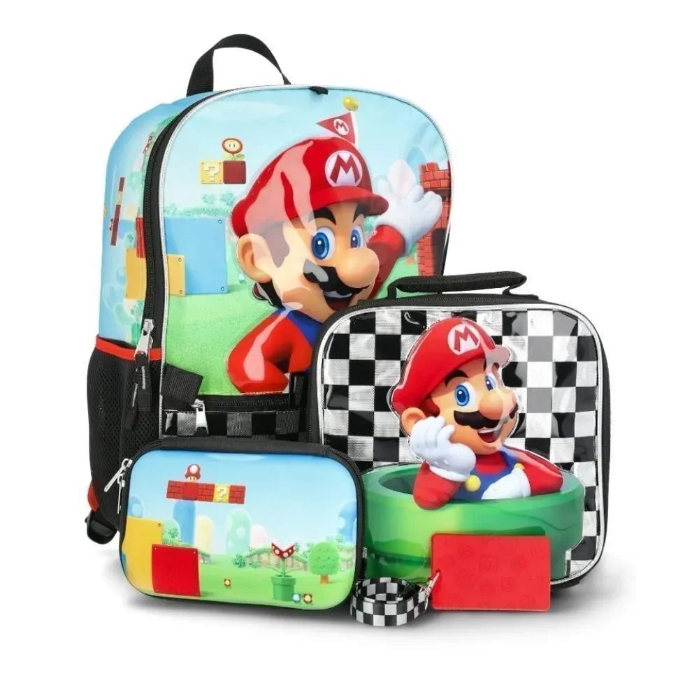 New Nintendo 17" Super Mario Backpack, Lunch Box, Gadget Case, and ID Holder 4pc